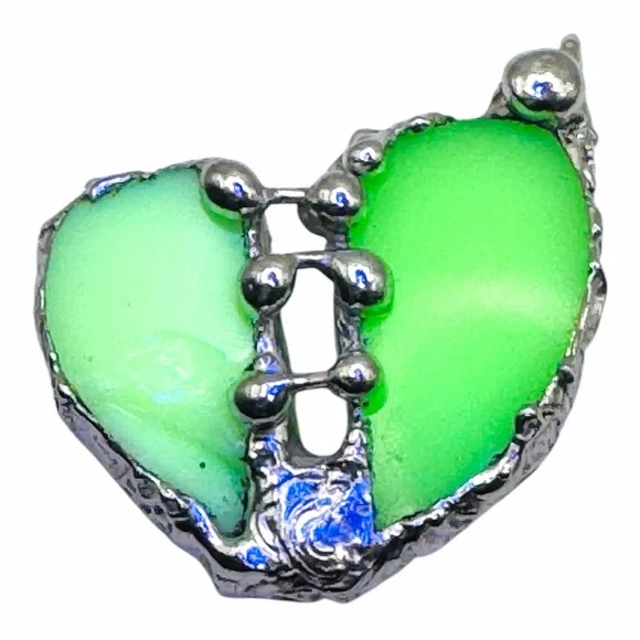 Vaseline Glass “Mended” Heart Pendant Bezel Artisan Crafted Glowing Glass - Picture 3 of 17